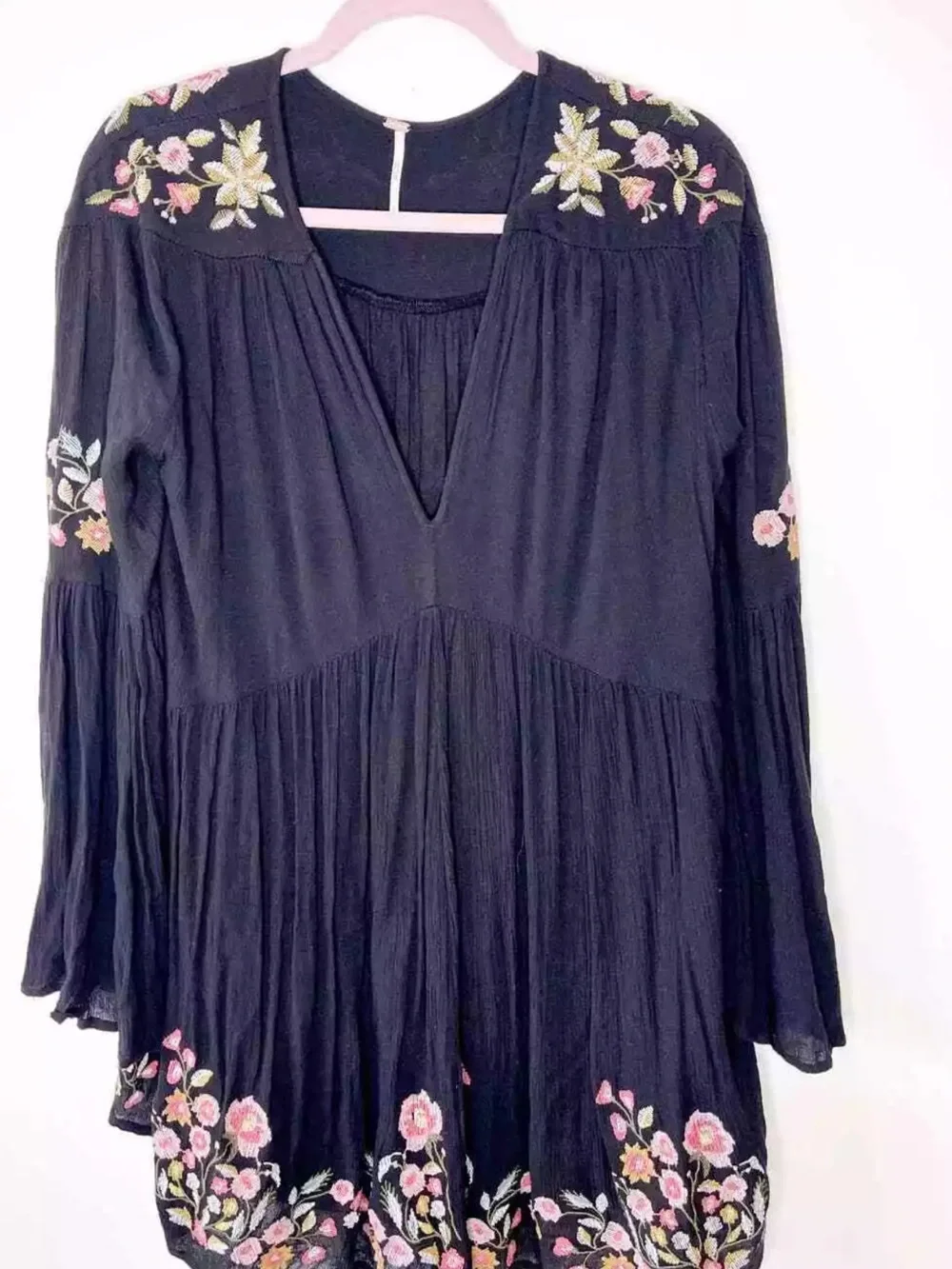 Black Floral FREE PEOPLE Embroidered V-Neck Swing Dress